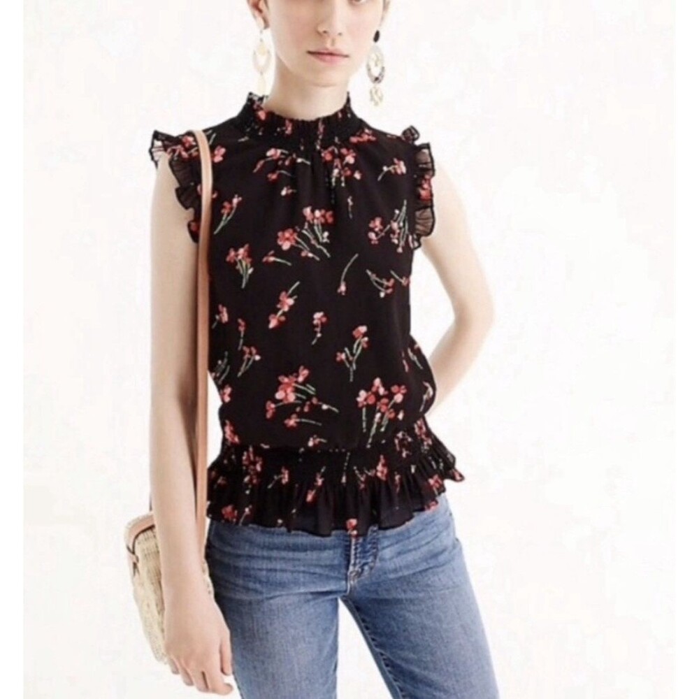 J.Crew Womens Floral Blouse Top Size 4 Black Red Sleeveless High Neck Pullover